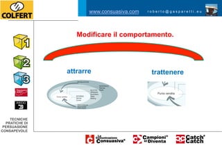 www.consuasiva.com   roberto@gasparetti.eu




                   Modificare il comportamento.




                attrarre                     trattenere




    TECNICHE
  PRATICHE DI
 PERSUASIONE
CONSAPEVOLE
 