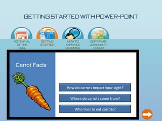 Getting Started with Power-Point

                          How
                          to…




Potential   Getting    How to       Software
 of the     Started   enhance       Community
  Tool                learning        Forum
                         ?




Carrot Facts


                      How do carrots impact your sight?

                        Where do carrots come from?

                           Who likes to eat carrots?
 