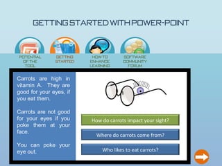 Getting Started with Power-Point

                             How
                             to…




Potential      Getting    How to       Software
 of the        Started   enhance       Community
  Tool                   learning        Forum
                            ?

Carrots are high in
vitamin A. They are
good for your eyes, if
you eat them.

Carrots are not good
for your eyes if you     How do carrots impact your sight?
poke them at your
face.
                           Where do carrots come from?
You can poke your
eye out.                      Who likes to eat carrots?
 