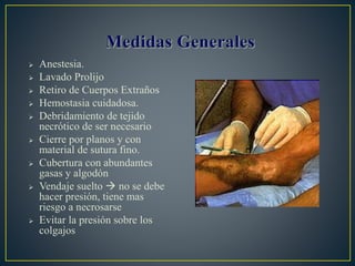  Anestesia.
 Lavado Prolijo
 Retiro de Cuerpos Extraños
 Hemostasia cuidadosa.
 Debridamiento de tejido
necrótico de ser necesario
 Cierre por planos y con
material de sutura fino.
 Cubertura con abundantes
gasas y algodón
 Vendaje suelto  no se debe
hacer presión, tiene mas
riesgo a necrosarse
 Evitar la presión sobre los
colgajos
 