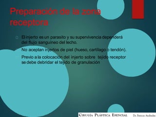 Preparación de la zona
receptora
Elinjerto es un parasito y su supervivencia dependerá
del flujo sanguíneo del lecho.
No aceptan injertos de piel (hueso, cartílago o tendón).
Previo a la colocación del injerto sobre tejido receptor
se debe debridar el tejido de granulación
 