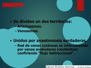 CONCEPTO
• Se dividen en dos territorios:
– Arteriosomas.
– Venosomas.
• Unidos por anastomosis verdaderas.
– Red de venas cutáneas se interconectan
por venas avalvulares (oscilantes)
confiriendo “flujo bidireccional”.
 