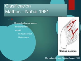 Clasificación
Mathes – Nahai 1981
III
Dos pedículos dominantes
Independientes
Versátil
Recto abdominal
Gluteo mayor
Manual de Cirugía Plástica Secpre 2001
 