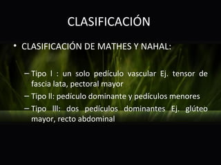 CLASIFICACIÓN
• CLASIFICACIÓN DE MATHES Y NAHAL:

  – Tipo l : un solo pedículo vascular Ej. tensor de
    fascia lata, pectoral mayor
  – Tipo ll: pedículo dominante y pedículos menores
  – Tipo lll: dos pedículos dominantes Ej. glúteo
    mayor, recto abdominal
 