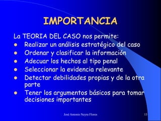 José Antonio Neyra Flores 13
IMPORTANCIA
La TEORIA DEL CASO nos permite:
 Realizar un análisis estratégico del caso
 Ordenar y clasificar la información
 Adecuar los hechos al tipo penal
 Seleccionar la evidencia relevante
 Detectar debilidades propias y de la otra
parte
 Tener los argumentos básicos para tomar
decisiones importantes
 
