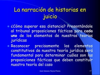 José Antonio Neyra Flores 17
La narración de historias en
juicio
 ¿Cómo superar esa distancia? Presentándole
al tribunal proposiciones fácticas para cada
uno de los elementos de nuestras teorías
jurídicas
 Reconocer precisamente los elementos
constitutivos de nuestra teoría jurídica será
fundamental para determinar cuáles son las
proposiciones fácticas que deben constituir
nuestra teoría del caso
 