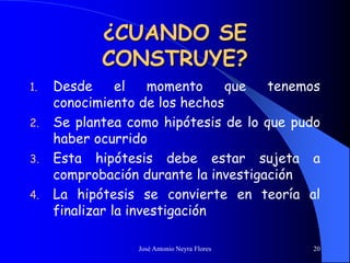 José Antonio Neyra Flores 20
¿CUANDO SE
CONSTRUYE?
1. Desde el momento que tenemos
conocimiento de los hechos
2. Se plantea como hipótesis de lo que pudo
haber ocurrido
3. Esta hipótesis debe estar sujeta a
comprobación durante la investigación
4. La hipótesis se convierte en teoría al
finalizar la investigación
 