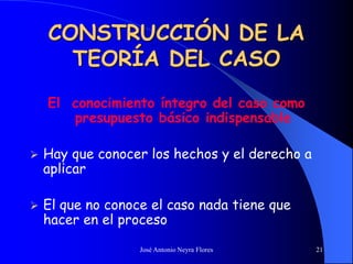 José Antonio Neyra Flores 21
CONSTRUCCIÓN DE LA
TEORÍA DEL CASO
El conocimiento íntegro del caso como
presupuesto básico indispensable
 Hay que conocer los hechos y el derecho a
aplicar
 El que no conoce el caso nada tiene que
hacer en el proceso
 