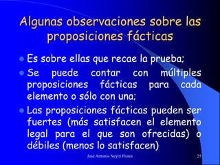 José Antonio Neyra Flores 25
Algunas observaciones sobre las
proposiciones fácticas
 Es sobre ellas que recae la prueba;
 Se puede contar con múltiples
proposiciones fácticas para cada
elemento o sólo con una;
 Las proposiciones fácticas pueden ser
fuertes (más satisfacen el elemento
legal para el que son ofrecidas) o
débiles (menos lo satisfacen)
 