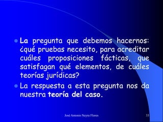 José Antonio Neyra Flores 33
 La pregunta que debemos hacernos:
¿qué pruebas necesito, para acreditar
cuáles proposiciones fácticas, que
satisfagan qué elementos, de cuáles
teorías jurídicas?
 La respuesta a esta pregunta nos da
nuestra teoría del caso.
 