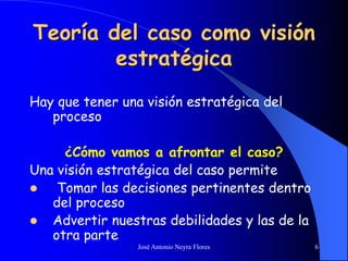 José Antonio Neyra Flores 6
Teoría del caso como visión
estratégica
Hay que tener una visión estratégica del
proceso
¿Cómo vamos a afrontar el caso?
Una visión estratégica del caso permite
 Tomar las decisiones pertinentes dentro
del proceso
 Advertir nuestras debilidades y las de la
otra parte
 