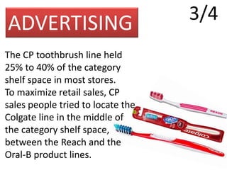 ADVERTISING 3/4
The CP toothbrush line held
25% to 40% of the category
shelf space in most stores.
To maximize retail sales, CP
sales people tried to locate the
Colgate line in the middle of
the category shelf space,
between the Reach and the
Oral-B product lines.
 