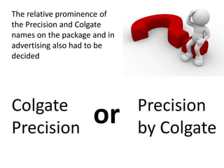 The relative prominence of
the Precision and Colgate
names on the package and in
advertising also had to be
decided
Colgate
Precision
Precision
by Colgate
or
 