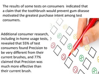 Additional consumer research,
including in-home usage tests,
revealed that 55% of test
consumers found Precision to
be very different from their
current brushes, and 77%
claimed that Precision was
much more effective than
their current brush.
The results of some tests on consumers indicated that
a claim that the toothbrush would prevent gum disease
motivated the greatest purchase intent among test
consumers.
 