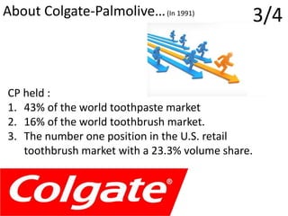 3/4About Colgate-Palmolive…(In 1991)
CP held :
1. 43% of the world toothpaste market
2. 16% of the world toothbrush market.
3. The number one position in the U.S. retail
toothbrush market with a 23.3% volume share.
 