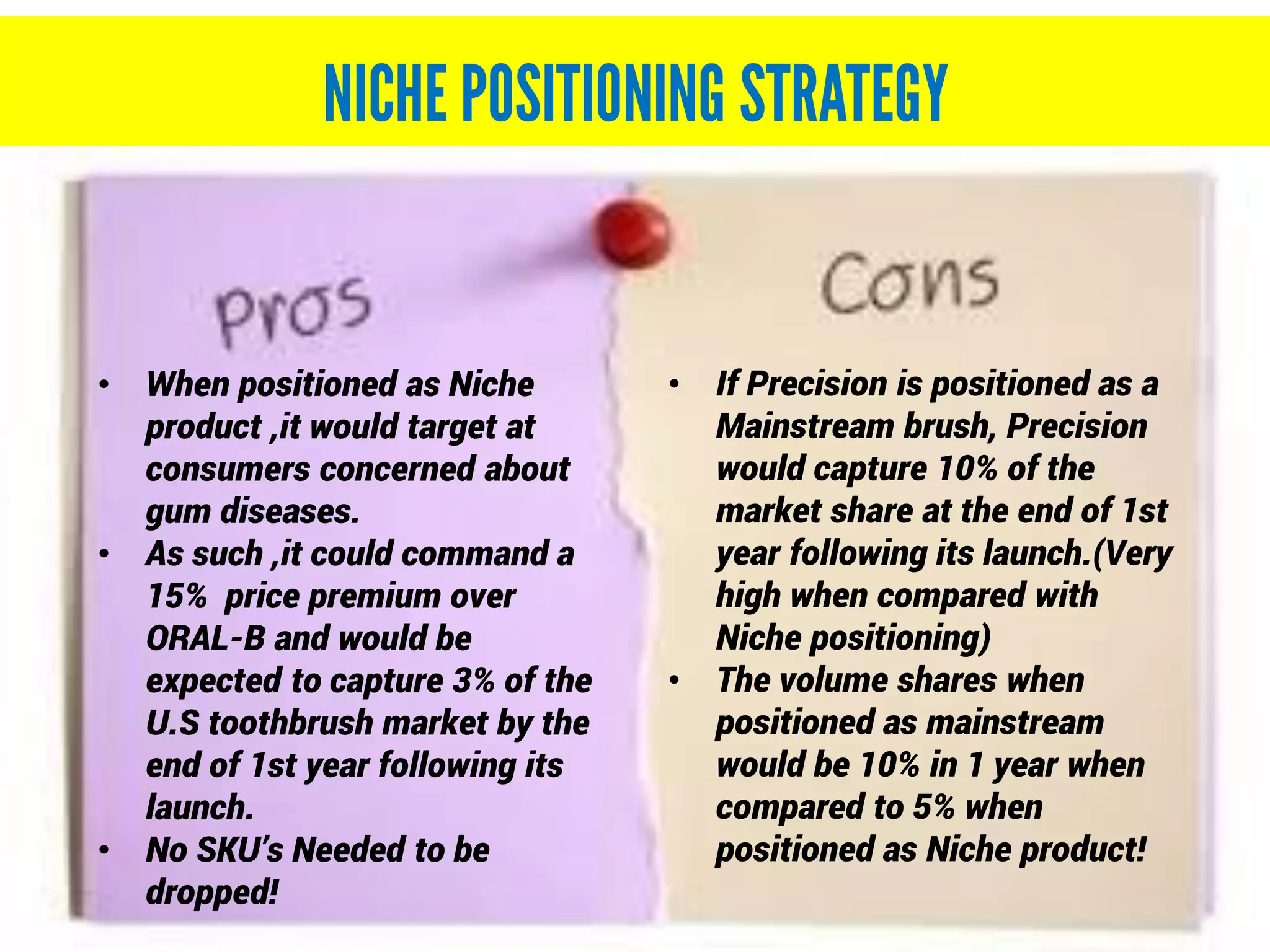 • When positioned as Niche
product ,it would target at
consumers concerned about
gum diseases.
• As such ,it could command a
15% price premium over
ORAL-B and would be
expected to capture 3% of the
U.S toothbrush market by the
end of 1st year following its
launch.
• No SKU’s Needed to be
dropped!
• If Precision is positioned as a
Mainstream brush, Precision
would capture 10% of the
market share at the end of 1st
year following its launch.(Very
high when compared with
Niche positioning)
• The volume shares when
positioned as mainstream
would be 10% in 1 year when
compared to 5% when
positioned as Niche product!
 