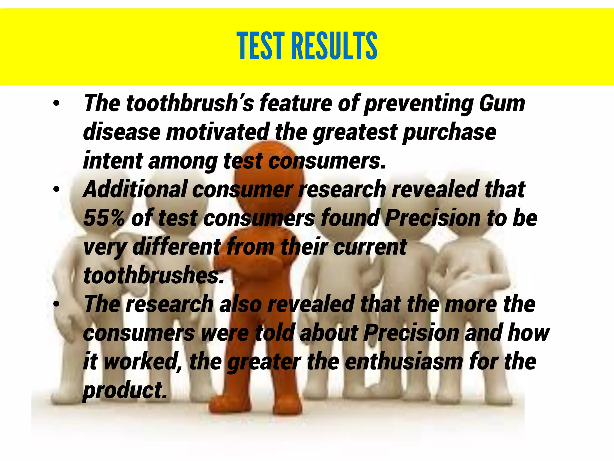 • The toothbrush’s feature of preventing Gum
disease motivated the greatest purchase
intent among test consumers.
• Additional consumer research revealed that
55% of test consumers found Precision to be
very different from their current
toothbrushes.
• The research also revealed that the more the
consumers were told about Precision and how
it worked, the greater the enthusiasm for the
product.
 