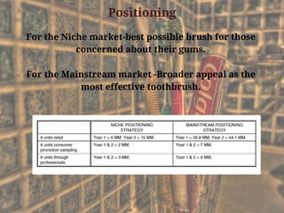 Positioning
For the Niche market-best possible brush for those
concerned about their gums.
For the Mainstream market -Broader appeal as the
most effective toothbrush.
 