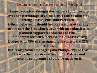 Debate over Advertising Budget
  Some executives thought the budget should remain
level as a percentage of sales in 1993 and be allocated
among Classic, Plus, and Precision.
Others believed it should be increased substantially
to support the Precision launch with no reduction in
planned support for Classic and Plus. 
Steinberg wanted 80% increase in CP's advertising
budget with 75%  of it assigned to Precision and 25%
to Plus.
But Plus' product manager John Phillips argued that
Plus was the mainstream brand for Colgate and
hence no compromise should be made on it.
 