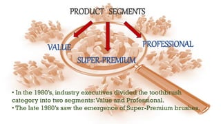 PRODUCT SEGMENTS
VALUE
SUPER-PREMIUM
PROFESSIONAL
• In the 1980’s, industry executives divided the toothbrush
category into two segments:Value and Professional.
• The late 1980’s saw the emergence of Super-Premium brushes.
 