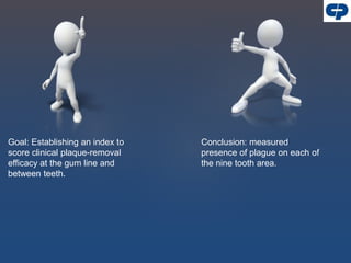 Goal: Establishing an index to
score clinical plaque-removal
efficacy at the gum line and
between teeth.
Conclusion: measured
presence of plague on each of
the nine tooth area.
 