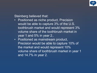 Steinberg believed that:
• Positioned as niche product, Precision
would be able to capture 3% of the U.S.
toothbrush market and would represent 3%
volume share of the toothbrush market in
year 1 and 5% in year 2..
• Positioned as mainstream product,
Precision would be able to capture 10% of
the market and would represent 10%
volume share of toothbrush market in year 1
and 14.7% in year 2.
 