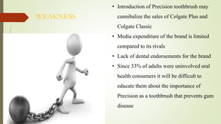 • Introduction of Precision toothbrush may
cannibalize the sales of Colgate Plus and
Colgate Classic
• Media expenditure of the brand is limited
compared to its rivals
• Lack of dental endorsements for the brand
• Since 33% of adults were uninvolved oral
health consumers it will be difficult to
educate them about the importance of
Precision as a toothbrush that prevents gum
disease
WEAKNESS
 