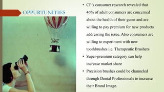 • CP’s consumer research revealed that
46% of adult consumers are concerned
about the health of their gums and are
willing to pay premium for new products
addressing the issue. Also consumers are
willing to experiment with new
toothbrushes i.e. Therapeutic Brushers
• Super-premium category can help
increase market share
• Precision brushes could be channeled
through Dental Professionals to increase
their Brand Image.
OPPURTUNITIES
 