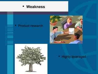  Weakness
 Highly leveraged
 Product research
 