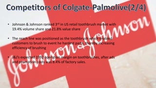 • Johnson & Johnson ranked 3rd in US retail toothbrush market with
19.4% volume share and 21.8% value share
• The reach line was positioned as the toothbrush which enabled
customers to brush to event he hardest parts, thereby increasing
efficiency of brushing
• J&J’s expected 1992 operation margin on toothbrushes, after ads
and promotion costs was 8.4% of factory sales.
 