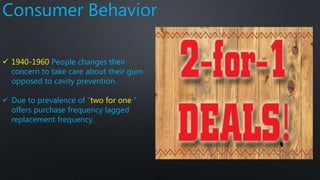 Consumer Behavior
 1940-1960 People changes their
concern to take care about their gum
opposed to cavity prevention.
 Due to prevalence of “two for one ”
offers purchase frequency lagged
replacement frequency.
 