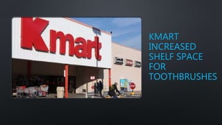 KMART
INCREASED
SHELF SPACE
FOR
TOOTHBRUSHES
 