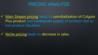  Main Stream pricing leads to cannibalization of Colgate
Plus product and inadequate supply of product due to
hot product situation.
 Niche pricing leads to decrease in sales.
PRICING ANALYSIS
 
