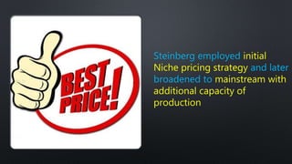 Steinberg employed initial
Niche pricing strategy and later
broadened to mainstream with
additional capacity of
production
 