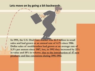Lets move on by going a bit backwards..
In 1991, the U.S. Oral Care market was $2.9 billion in retail
sales and had grown at an annual rate of 6.1% since 1986.
Dollar sales of toothbrushes had grown at an average rate of
9.3% per annum since 1987, but, in 1992 they increased by 21%
in value and 18% in volume, due to the introduction of 47 new
products and line extensions during 1991-1992.
 