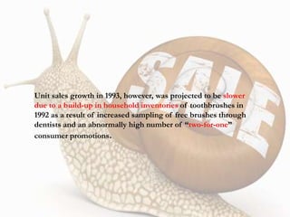 Unit sales growth in 1993, however, was projected to be slower
due to a build-up in household inventories of toothbrushes in
1992 as a result of increased sampling of free brushes through
dentists and an abnormally high number of “two-for-one”
consumer promotions.
 