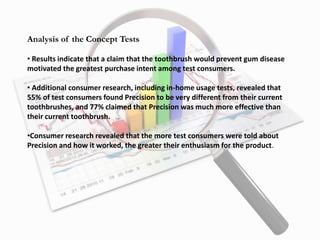 Analysis of the Concept Tests
• Results indicate that a claim that the toothbrush would prevent gum disease
motivated the greatest purchase intent among test consumers.
• Additional consumer research, including in-home usage tests, revealed that
55% of test consumers found Precision to be very different from their current
toothbrushes, and 77% claimed that Precision was much more effective than
their current toothbrush.
•Consumer research revealed that the more test consumers were told about
Precision and how it worked, the greater their enthusiasm for the product.
 