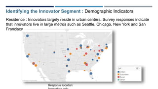 Residence : Innovators largely reside in urban centers. Survey responses indicate
that innovators live in large metros such as Seattle, Chicago, New York and San
Francisco
Response location:
Identifying the Innovator Segment : Demographic Indicators
 