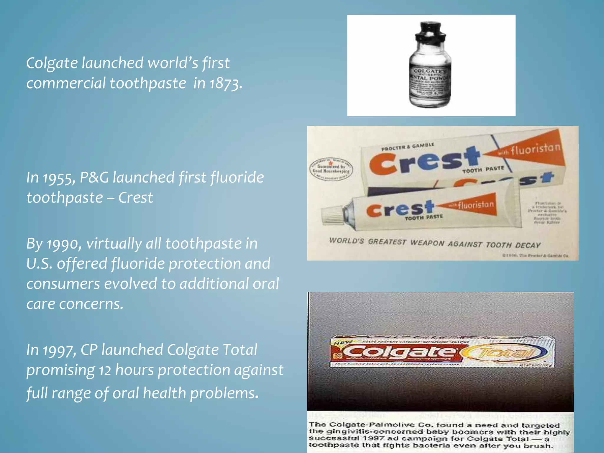 Colgate launched world’s first 
commercial toothpaste in 1873. 
In 1955, P&G launched first fluoride 
toothpaste – Crest 
By 1990, virtually all toothpaste in 
U.S. offered fluoride protection and 
consumers evolved to additional oral 
care concerns. 
In 1997, CP launched Colgate Total 
promising 12 hours protection against 
full range of oral health problems. 
 