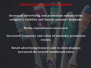 Advertising and Promotion
Increased advertising and promotion enhanced the
category's visibility and fueled customer demands.
Media expenditures increased.
Increased frequency and value of customer promotion
events.
Retail advertising features and in store displays
increased the overall toothbrush sales.
 