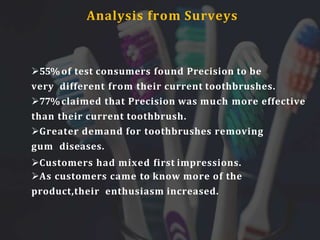 Analysis from Surveys
55%of test consumers found Precision to be
very different from their current toothbrushes.
77%claimed that Precision was much more effective
than their current toothbrush.
Greater demand for toothbrushes removing
gum diseases.
Customers had mixed first impressions.
As customers came to know more of the
product,their enthusiasm increased.
 