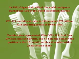 In 1991,Colgate held 43%of the world toothpaste
market and 16%of the world toothbrush market.
CP’s U.S. toothbrush sales in 1991 reached $77 million,
with operating profits of $9.8 million.
Toothbrushes represented 19%of CP’s U.S. Oral Care
Division sales and profits, and CP held the number one
position in the U.S. retail toothbrush market with a
23.3% volume share.
 