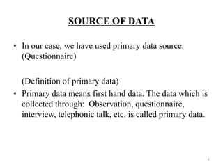 SOURCE OF DATA

• In our case, we have used primary data source.
  (Questionnaire)

  (Definition of primary data)
• Primary data means first hand data. The data which is
  collected through: Observation, questionnaire,
  interview, telephonic talk, etc. is called primary data.




                                                             6
 
