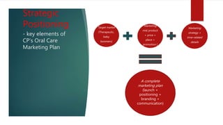 Strategic
Positioning
- key elements of
CP’s Oral Care
Marketing Plan
Target market
(Therapeutic,
baby
boomers)
Marketing
mix( product
+ price +
place +
promotion )
Marketing
strategy +
time-related
details
A complete
marketing plan
(launch +
positioning +
branding +
communication)
 