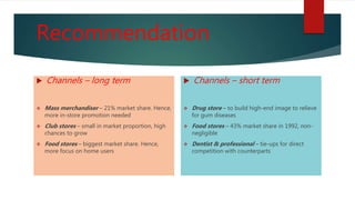 Recommendation
 Channels – long term
 Mass merchandiser – 21% market share. Hence,
more in-store promotion needed
 Club stores – small in market proportion, high
chances to grow
 Food stores – biggest market share. Hence,
more focus on home users
 Channels – short term
 Drug store – to build high-end image to relieve
for gum diseases
 Food stores – 43% market share in 1992, non-
negligible
 Dentist & professional – tie-ups for direct
competition with counterparts
 