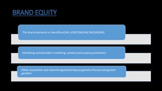 BRAND EQUITY
The brand elements or identifiers(URL,LOGO,TAGLINE,PACKAGING)
Marketing activities(4p’s marketing- product,price,place,promotion)
Other association and advertising(shahid Kapoor,genelia d’souza and gautam
gambhir.
 