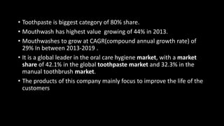 • Toothpaste is biggest category of 80% share.
• Mouthwash has highest value growing of 44% in 2013.
• Mouthwashes to grow at CAGR(compound annual growth rate) of
29% In between 2013-2019 .
• It is a global leader in the oral care hygiene market, with a market
share of 42.1% in the global toothpaste market and 32.3% in the
manual toothbrush market.
• The products of this company mainly focus to improve the life of the
customers
 