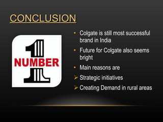 CONCLUSION Colgate is still most successful brand in India Future for Colgate also seems bright Main reasons are  Strategic initiatives Creating Demand in rural areas 