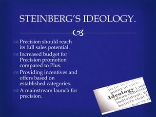 
 Precision should reach
its full sales potential.
 Increased budget for
Precision promotion
compared to Plus.
 Providing incentives and
offers based on
established categories.
 A mainstream launch for
precision.
STEINBERG’S IDEOLOGY.
 