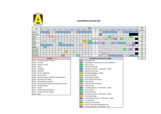 CALENDÁRIO ESCOLAR 2014
1 2 3 4 5 6 7 8 9 10 11 12 13 14 15 16 17 18 19 20 21 22 23 24 25 26 27 28 29 30 31
Janeiro Q Q Q S D Q Q Q Q Q S D Q Q Q Q Q S D Q Q Q Q Q S D Q Q Q Q Q -
Fevereiro S D * C C C C S D C C C C C S D C C  C C S D C C C C C 20
Março S D R F R R R S D C C C C C S D C C C C C L D C C C C C L D C 18
Abril C C C C S D C C C C C S D C C C C F S D F R F C C L D C C C 19
Maio F R S D C C C C C S D C C C PG C L D C C C C C S D C C C C C S 21
Junho D C C C C C L D C C C C C S D * Q Q F Q S D Q F Q Q Q S D Q 11
Julho Q Q Q Q S D Q Q Q Q Q S D * C C C C S D C C C C C S D R F C C 12
Agosto C L D C C C C C S D C C C C C S D C C C C C S D C C C C C S D 22
Setembro C C C C C S D C C C C C S D C C C C C S D C C C C C L D C C 23
Outubro C C C S D C C C PG C S D C C F C C S D C C C C C S D C C C C C 22
Novembro S D C C C C C S D C C C C C S D C C C F R S D C C C C C S D 18
Dezembro C C C C C S D C C C C C L D C C C C * S D Q Q Q Q Q S D Q Q Q 16
01/01 - Confraternização Universal 03/02 - Início das Aulas
04/03 - Carnaval 19/02 - Aula Magna - Aniversário de 1 ano do Atlântico
18/04 - Paixão de Cristo 22/03 - Feira do Livro
20/04 - Páscoa 29/03 - Painel de Profissões
21/04 - Tiradentes 24/04 - Conselho de Classe - 1º Bimestre - 18h30
23/04 - São Jorge 26/04 - Abertura da Gincana
01/05 - Dia do Trabalhador 05/05 - Reunião Pedagógica - 18h30
19/06 - Corpus Christi 15/05 - Prova Geral Etapa
24/06 - São João Baptista (Padroeiro do Município) 16/05 - Homenagem às Mães
29/07 - Aniversário da Cidade 17/05 - Encerramento da Gincana
07/09 - Independência do Brasil 07/06 - Café Literário
12/10 - Nossa Senhora Aparecida (Padroeira do Brasil) 16/06 - Início das Férias Escolares
15/10 - Dia do Professor 14/07 - Volta às Aulas
02/11 - Finados 30/07 - Conselho de Classe - 2º Bimestre - 18h30
15/11 - Proclamação da República 02/08 - Festa Cultural
20/11 - Dia da Consciência Negra 27/09 - Feira de Ciências
25/12 - Natal 29/09 - Conselho de Classe - 3º Bimestre - 18h30
09/10 - Prova Geral Etapa
08/12 - Pré Conselho de Classe - 4º Bimestre - 18h30
12/12 - Fim das Aulas
13/12 - Festa de Encerramento
15/12 a 19/12- Provas de Recuperação Final
19/12 - Conselho de Classe - 4º Bimestre - 16h
DIAS
MÊS
Calendário de Eventos do ColégioFeriados F 202
Dias
Letivos
 